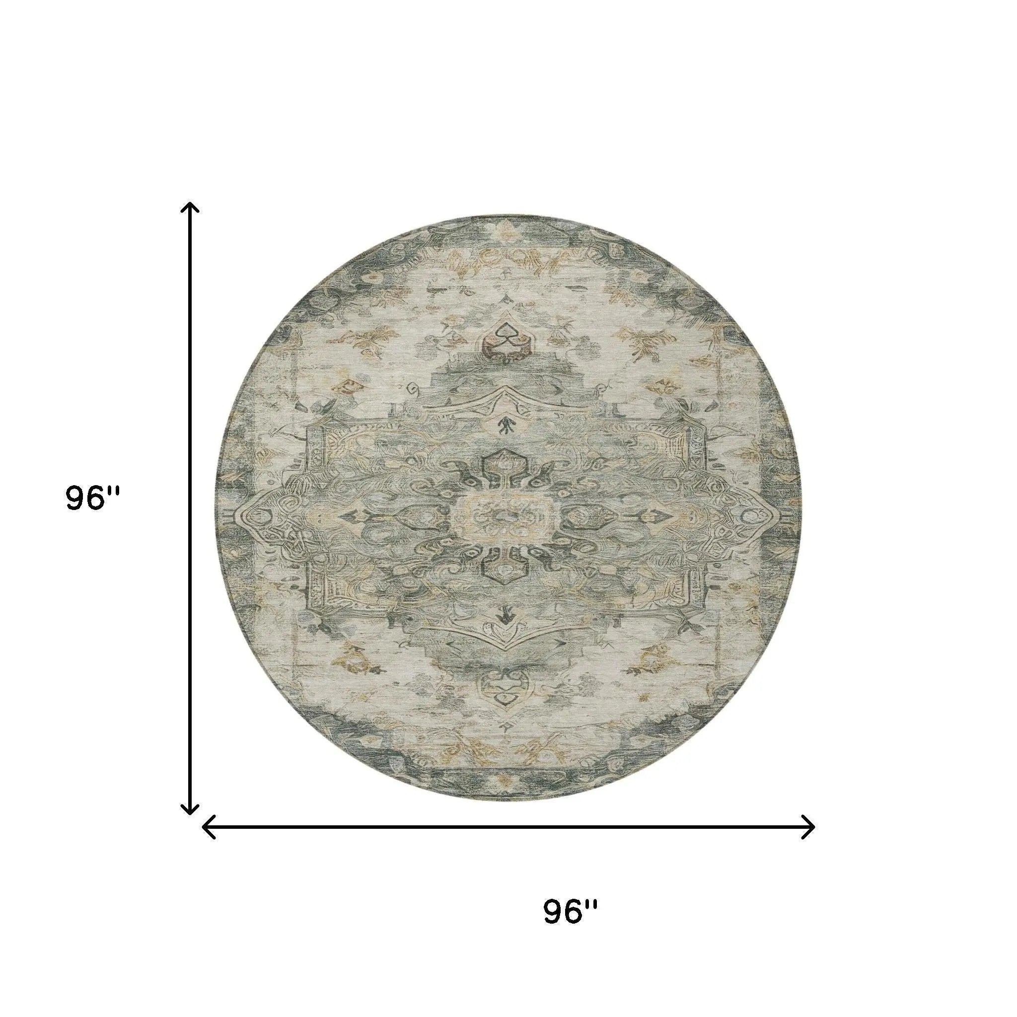 8' Green And Graphite Round Floral Medallion Washable Indoor Outdoor Area Rug Homeroots Outdoor
