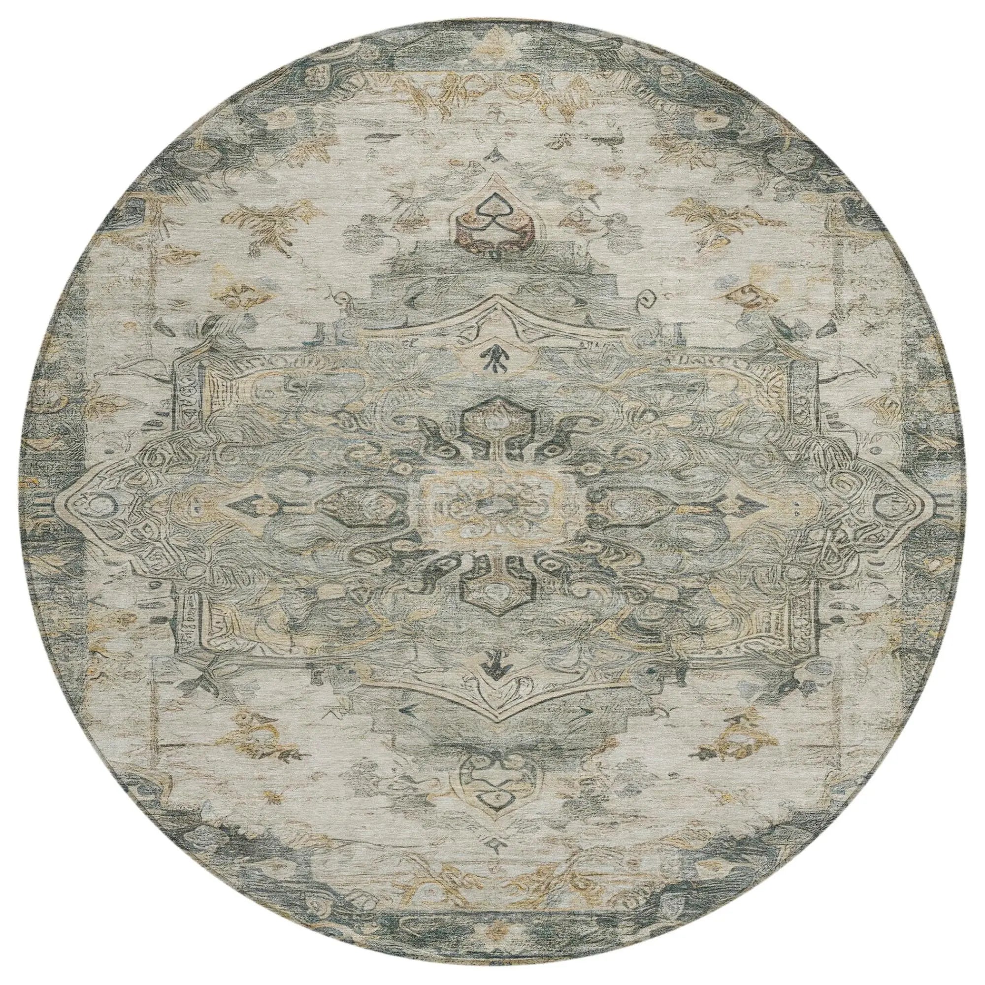 8' Green And Graphite Round Floral Medallion Washable Indoor Outdoor Area Rug Homeroots Outdoor