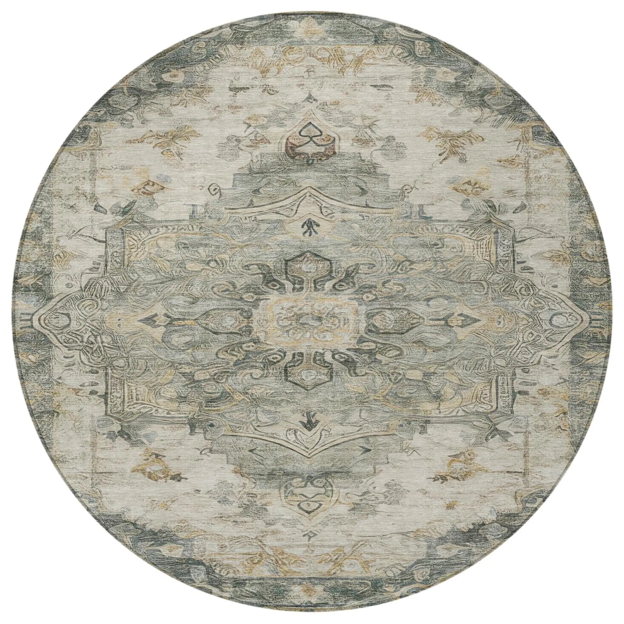 8' Green And Graphite Round Floral Medallion Washable Indoor Outdoor Area Rug Homeroots Outdoor