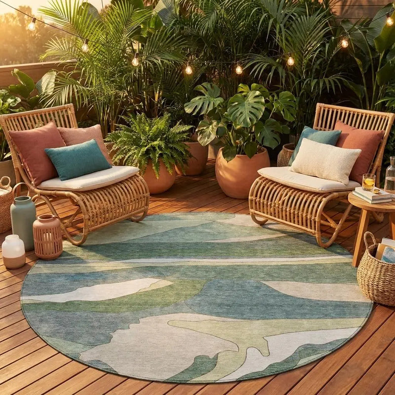 8' Green And Gray Round Abstract Washable Indoor Outdoor Area Rug Homeroots Outdoor
