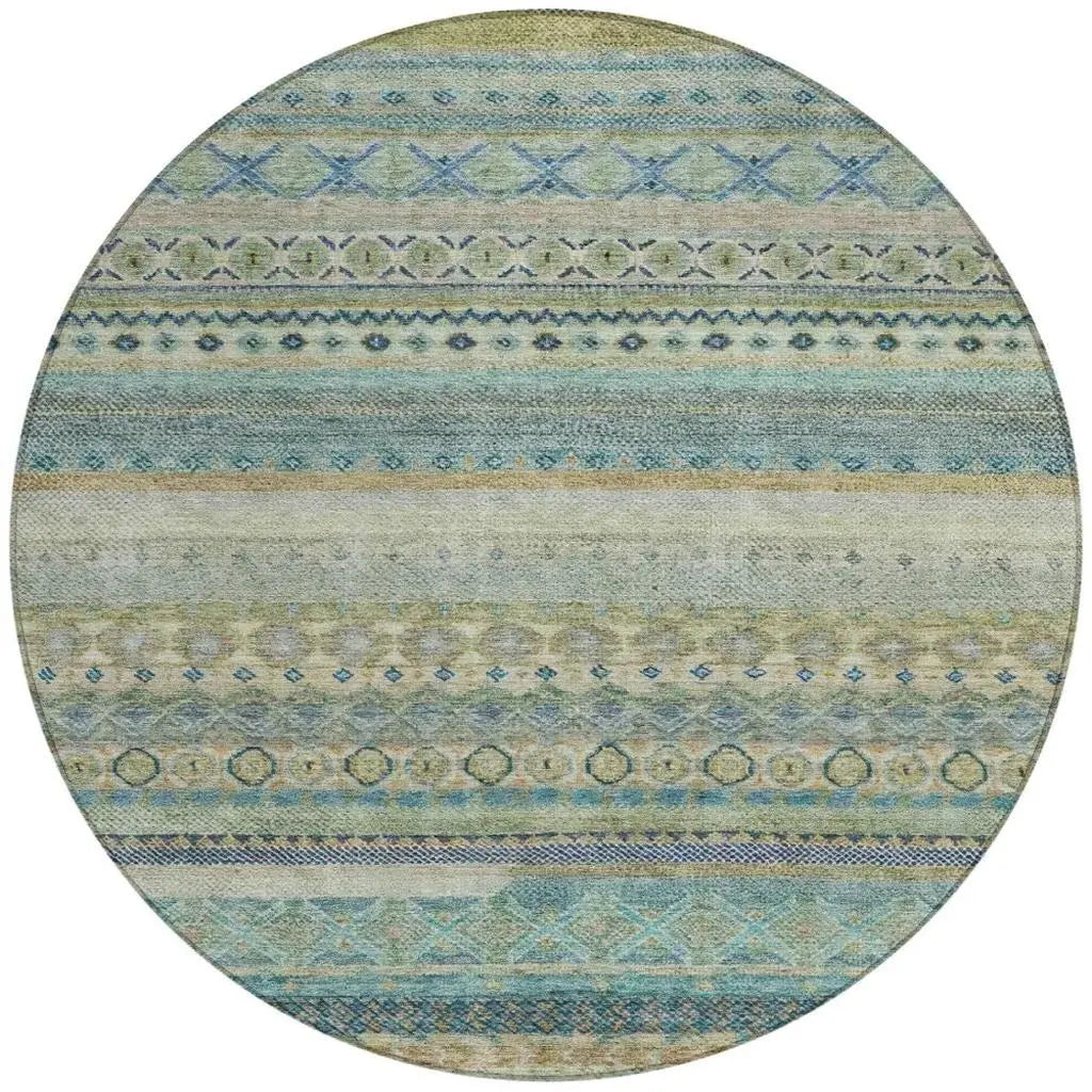 8' Green And Gray Round Striped Washable Indoor Outdoor Area Rug Homeroots Outdoor