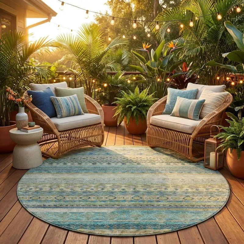8' Green And Gray Round Striped Washable Indoor Outdoor Area Rug Homeroots Outdoor