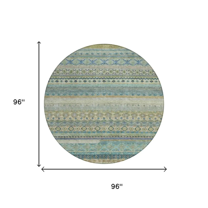 8' Green And Gray Round Striped Washable Indoor Outdoor Area Rug Homeroots Outdoor