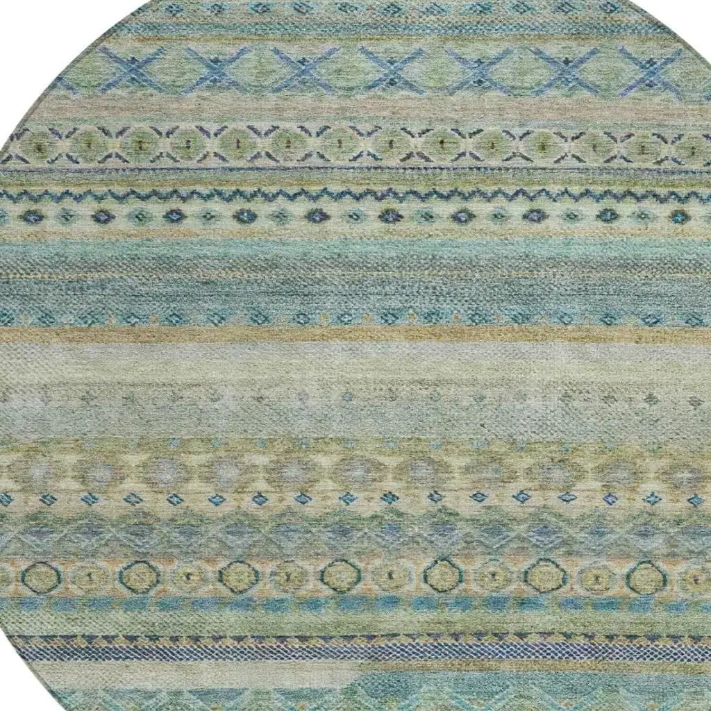 8' Green And Gray Round Striped Washable Indoor Outdoor Area Rug Homeroots Outdoor