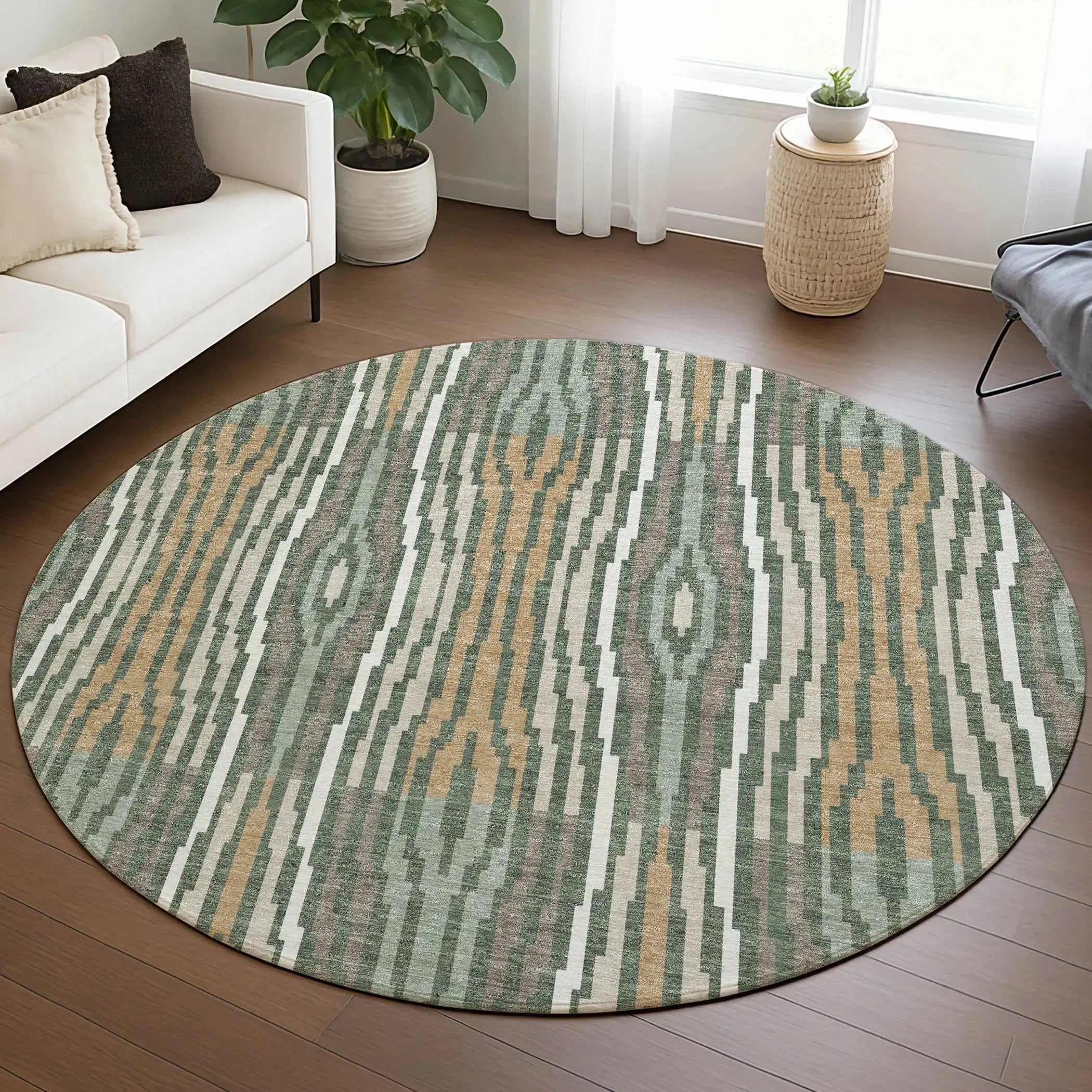 8' Green And Ivory Round Abstract Washable Indoor Outdoor Area Rug Homeroots Outdoor