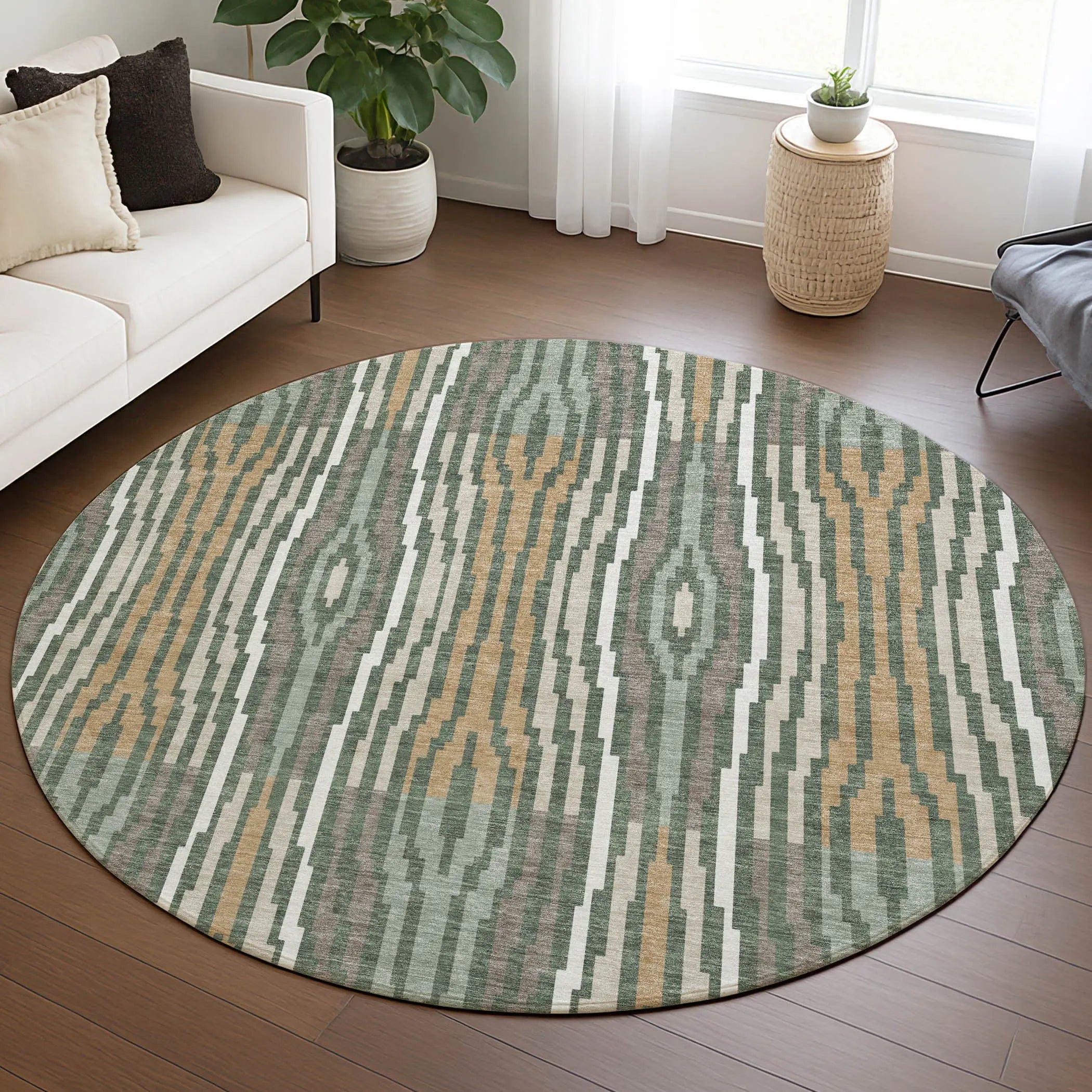 8' Green And Ivory Round Abstract Washable Indoor Outdoor Area Rug Homeroots Outdoor