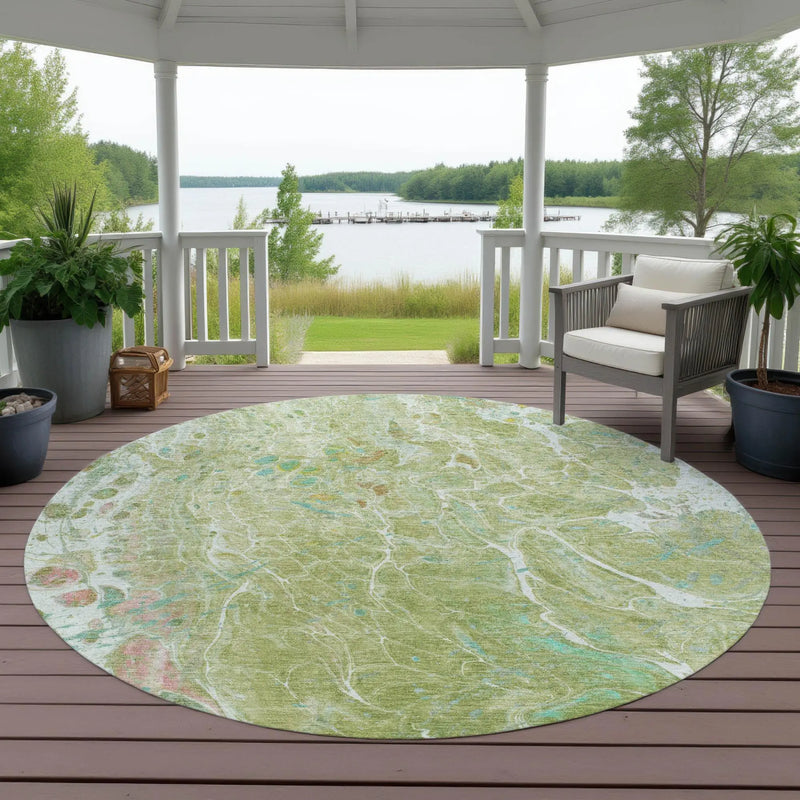 8' Green And Ivory Round Abstract Washable Indoor Outdoor Area Rug Homeroots Outdoor