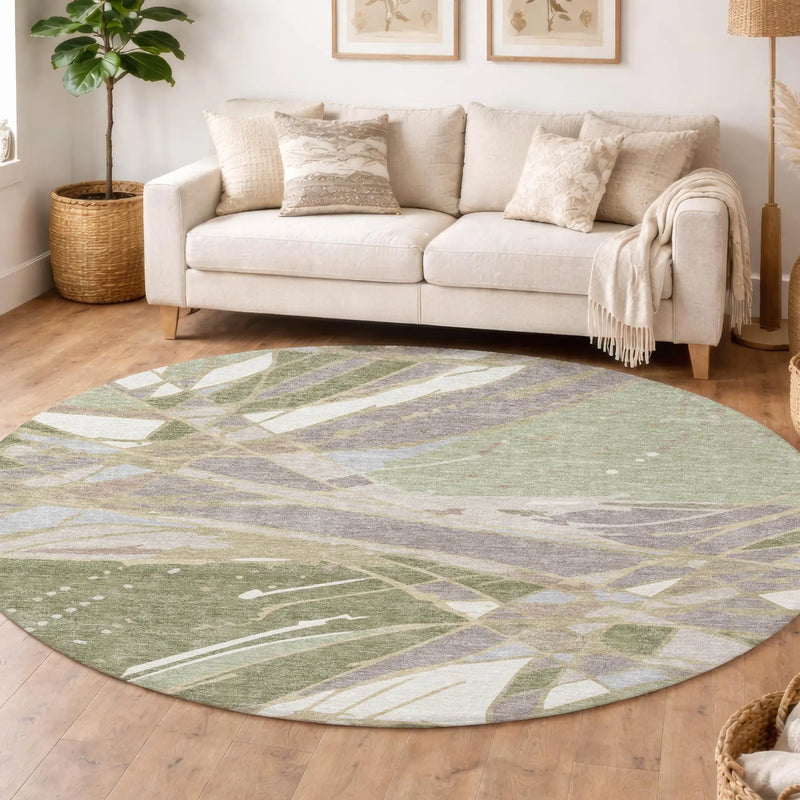 8' Green And Ivory Round Abstract Washable Indoor Outdoor Area Rug Homeroots Outdoor