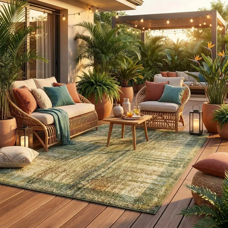 8' Green And Ivory Round Abstract Washable Indoor Outdoor Area Rug Homeroots Outdoor