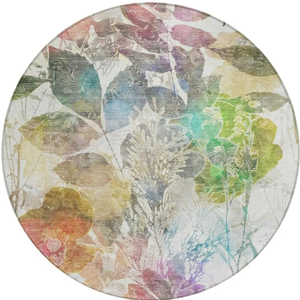 8' Green And Ivory Round Botanical Leaves Washable Indoor Outdoor Area Rug Homeroots Outdoor