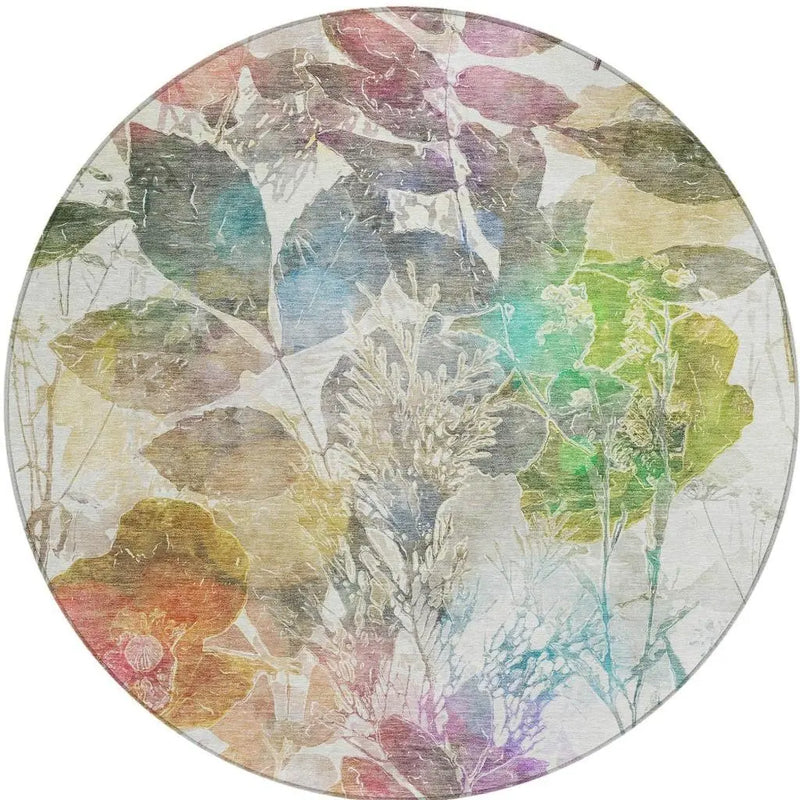 8' Green And Ivory Round Botanical Leaves Washable Indoor Outdoor Area Rug Homeroots Outdoor