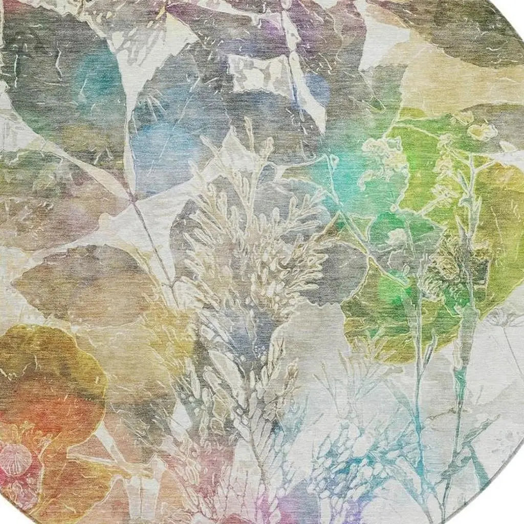 8' Green And Ivory Round Botanical Leaves Washable Indoor Outdoor Area Rug Homeroots Outdoor