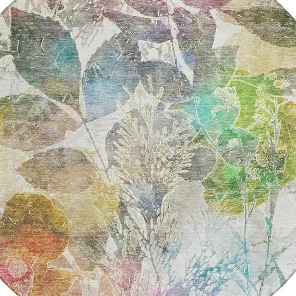 8' Green And Ivory Round Botanical Leaves Washable Indoor Outdoor Area Rug Homeroots Outdoor