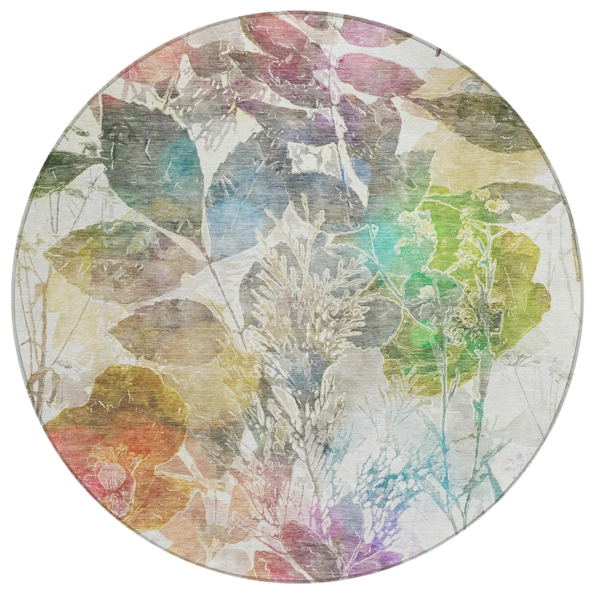 8' Green And Ivory Round Botanical Leaves Washable Indoor Outdoor Area Rug Homeroots Outdoor