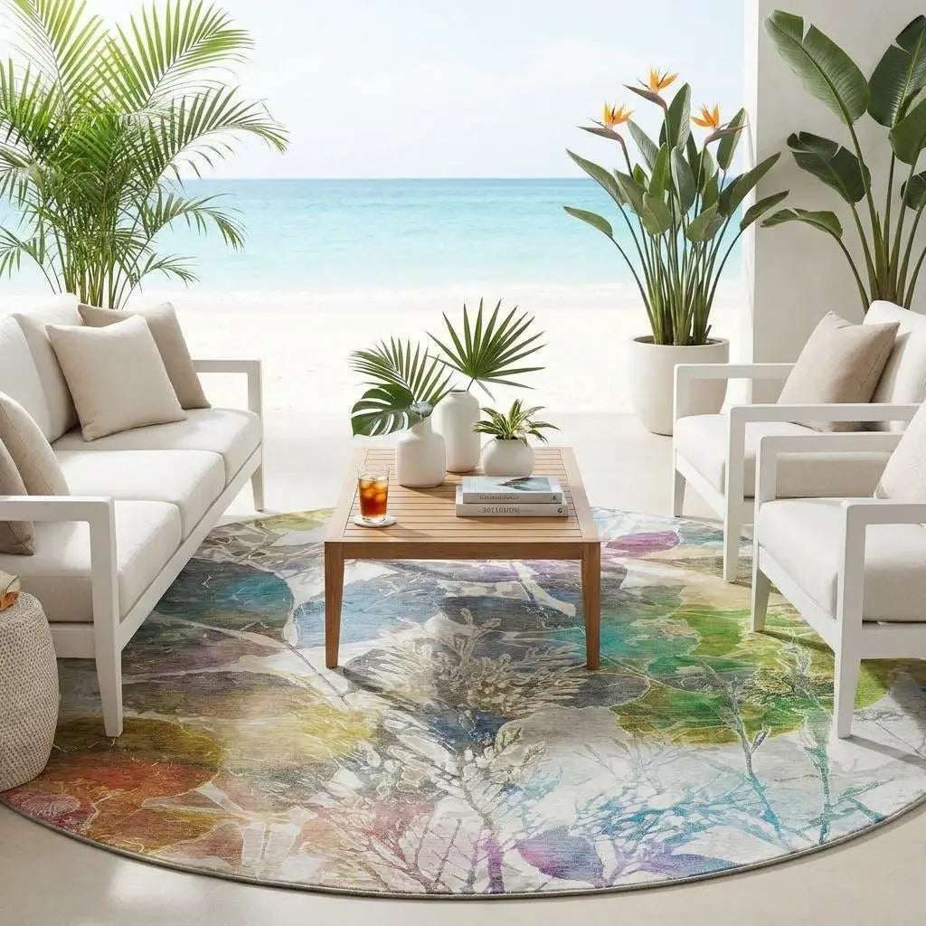 8' Green And Ivory Round Botanical Leaves Washable Indoor Outdoor Area Rug Homeroots Outdoor