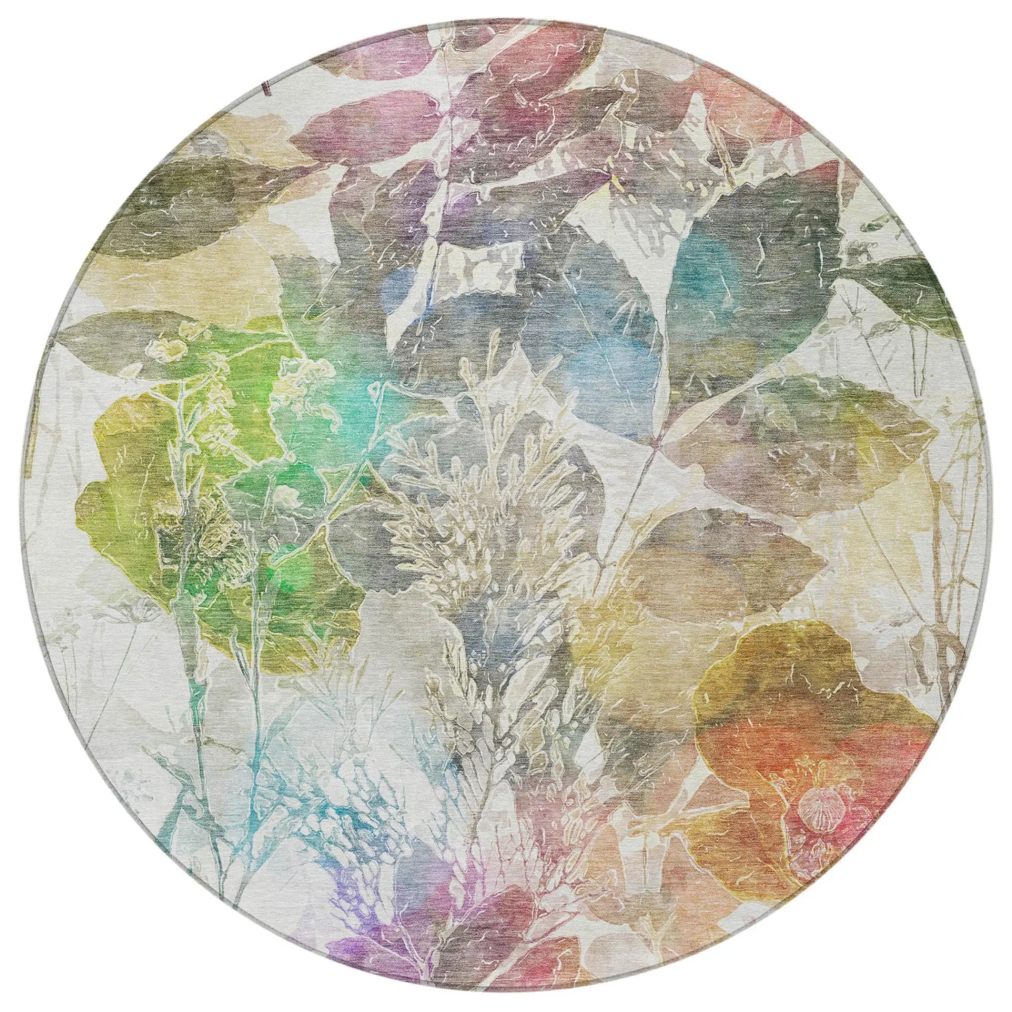 8' Green And Ivory Round Botanical Leaves Washable Indoor Outdoor Area Rug Homeroots Outdoor