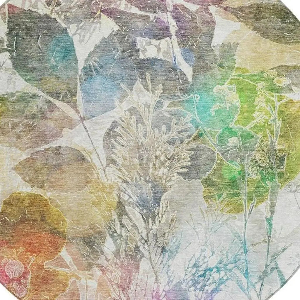 8' Green And Ivory Round Botanical Leaves Washable Indoor Outdoor Area Rug Homeroots Outdoor