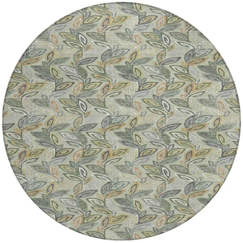 8' Green And Ivory Round Botanical Leaves Washable Indoor Outdoor Area Rug Homeroots Outdoor
