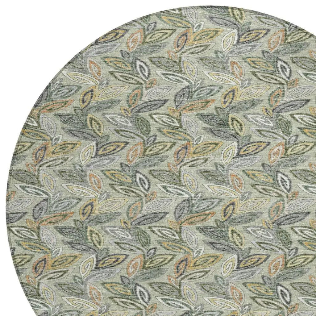 8' Green And Ivory Round Botanical Leaves Washable Indoor Outdoor Area Rug Homeroots Outdoor