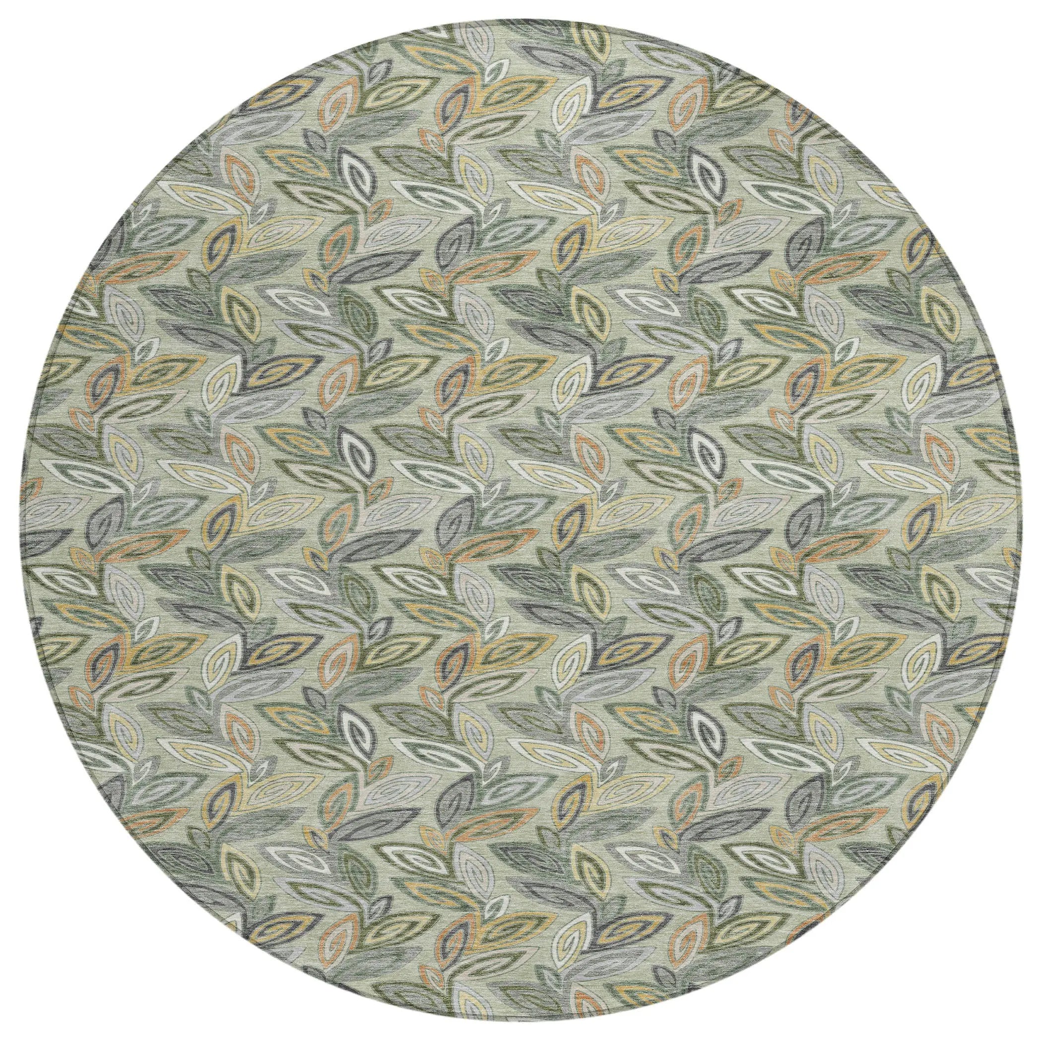 8' Green And Ivory Round Botanical Leaves Washable Indoor Outdoor Area Rug Homeroots Outdoor