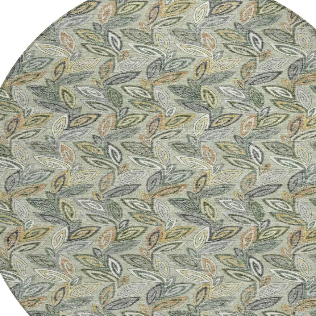 8' Green And Ivory Round Botanical Leaves Washable Indoor Outdoor Area Rug Homeroots Outdoor