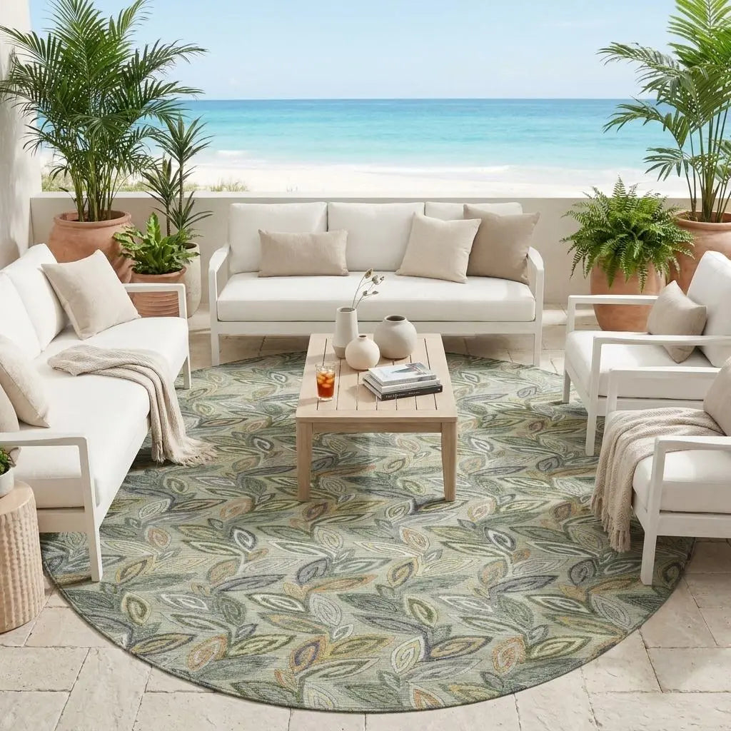 8' Green And Ivory Round Botanical Leaves Washable Indoor Outdoor Area Rug Homeroots Outdoor
