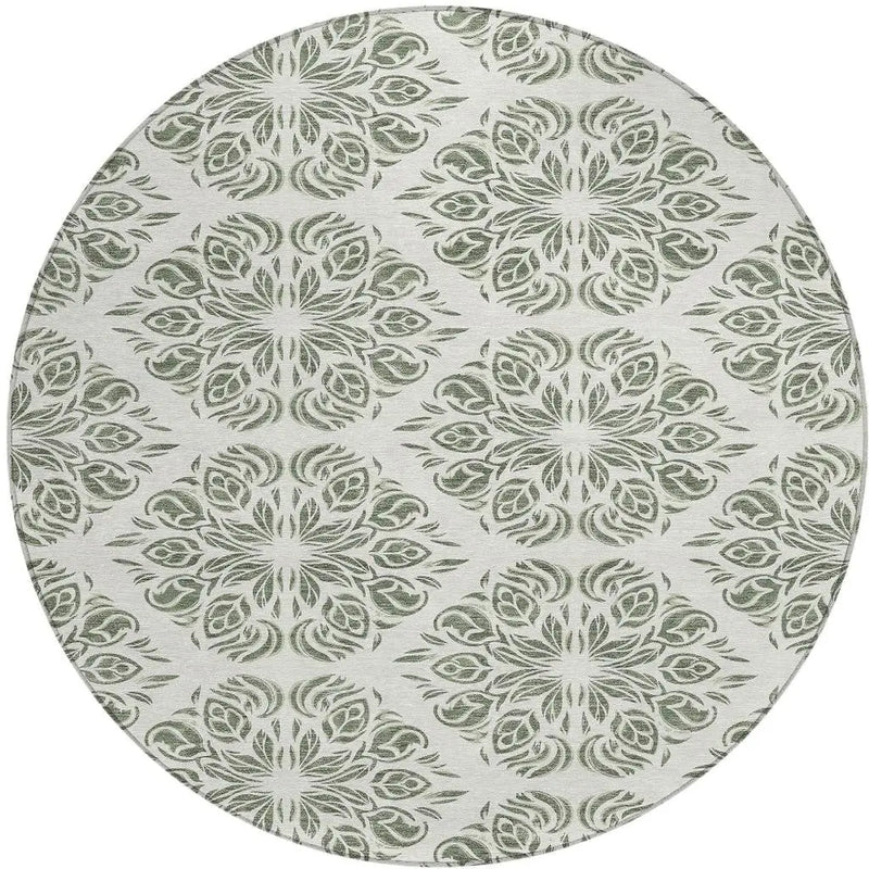 8' Green And Ivory Round Damask Washable Indoor Outdoor Area Rug Homeroots Outdoor