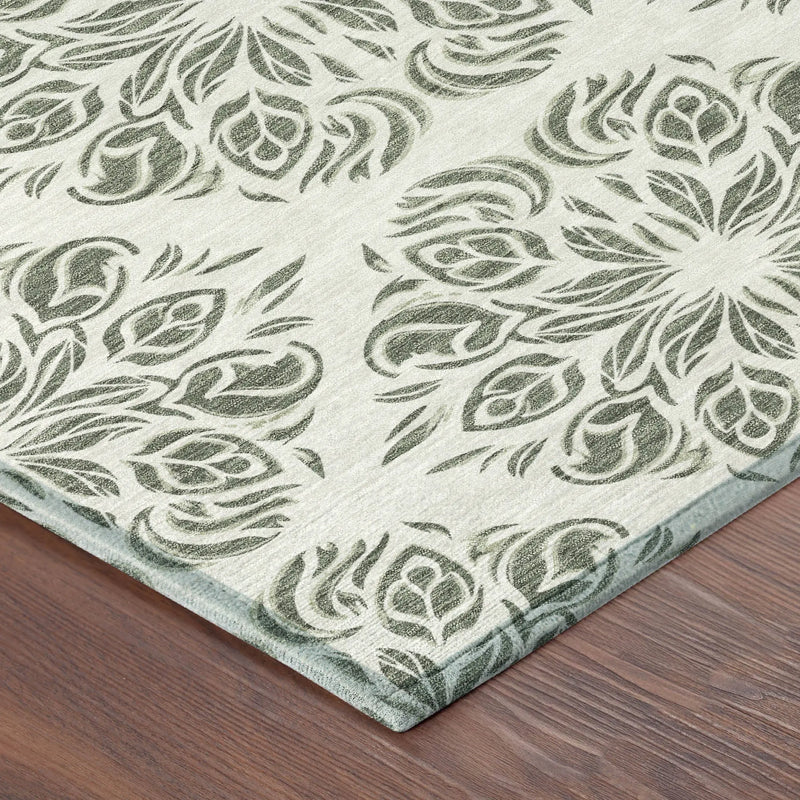 8' Green And Ivory Round Damask Washable Indoor Outdoor Area Rug Homeroots Outdoor