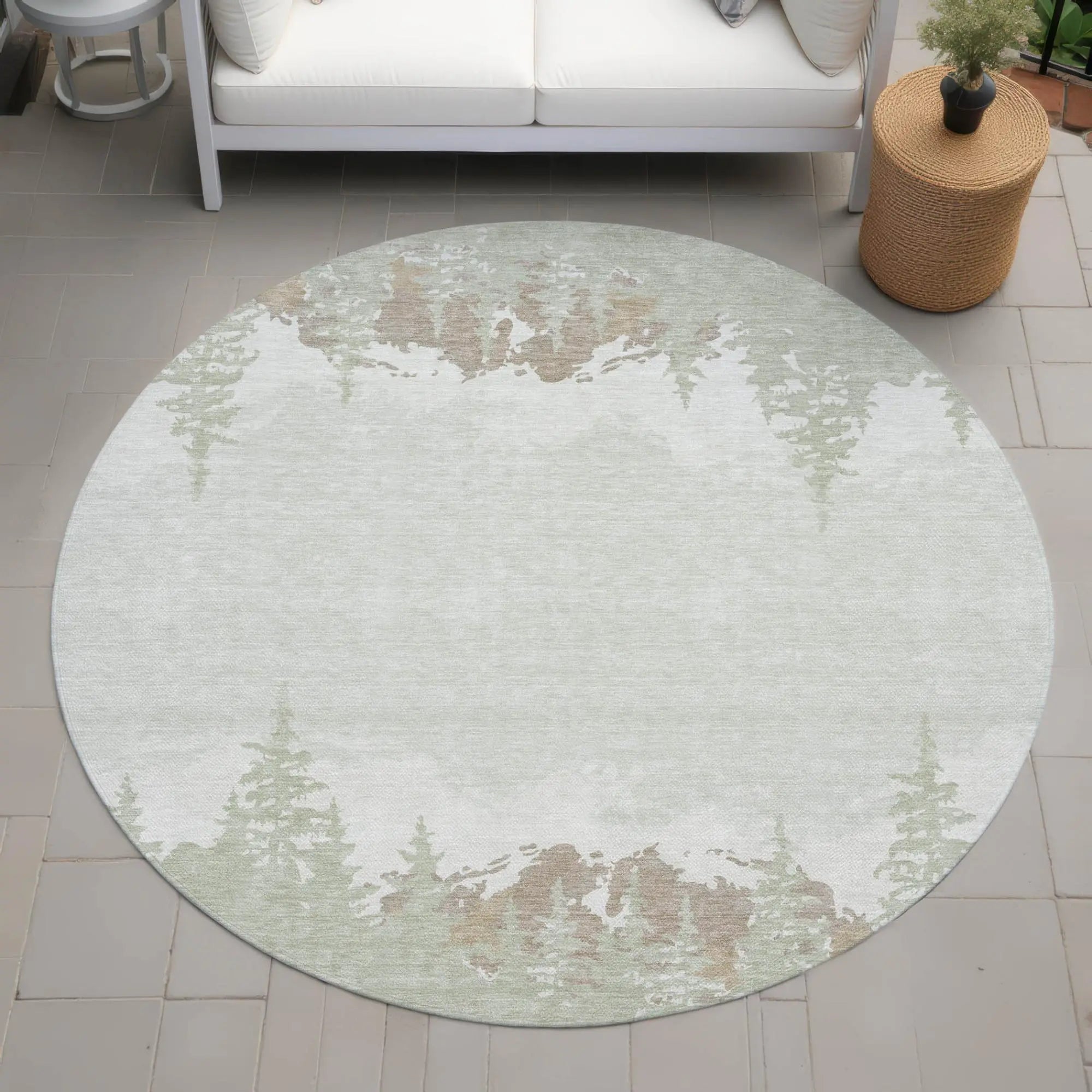 8' Green And Ivory Round Floral Washable Indoor Outdoor Area Rug Homeroots Outdoor