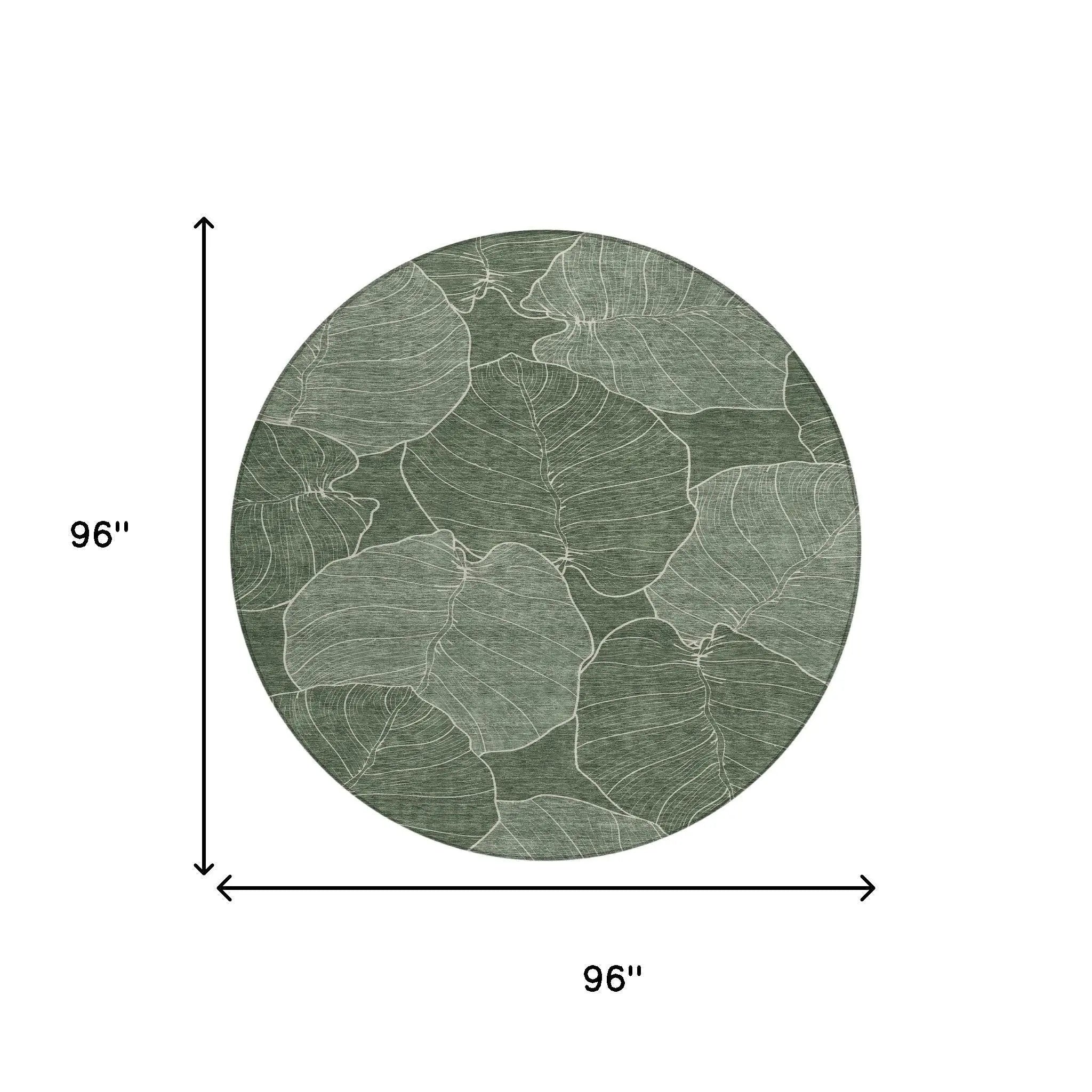 Round green leaf-patterned rug, 96 inches, durable material, modern style for stylish home decor.