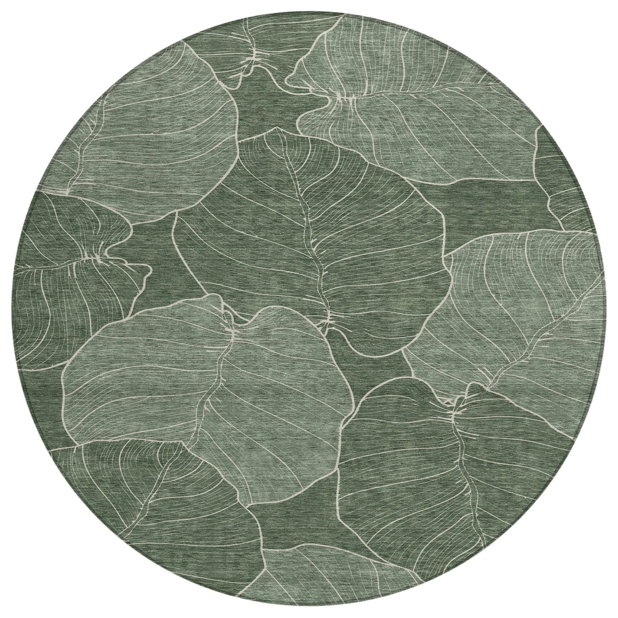 Round green area rug with white leaf patterns, made of soft, durable fibers, perfect for modern home decor.