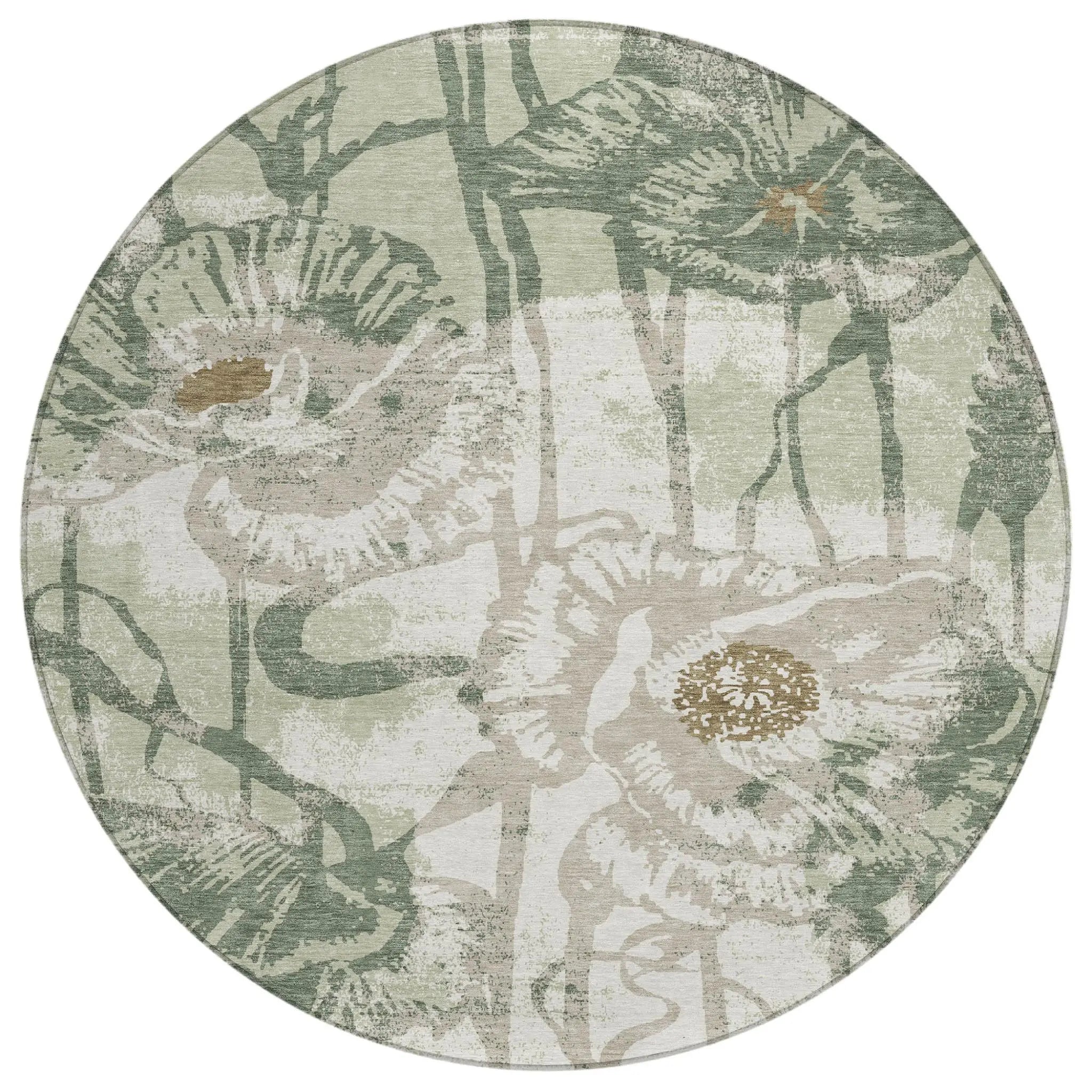 8' Green And Ivory Round Floral Washable Indoor Outdoor Area Rug Homeroots Outdoor
