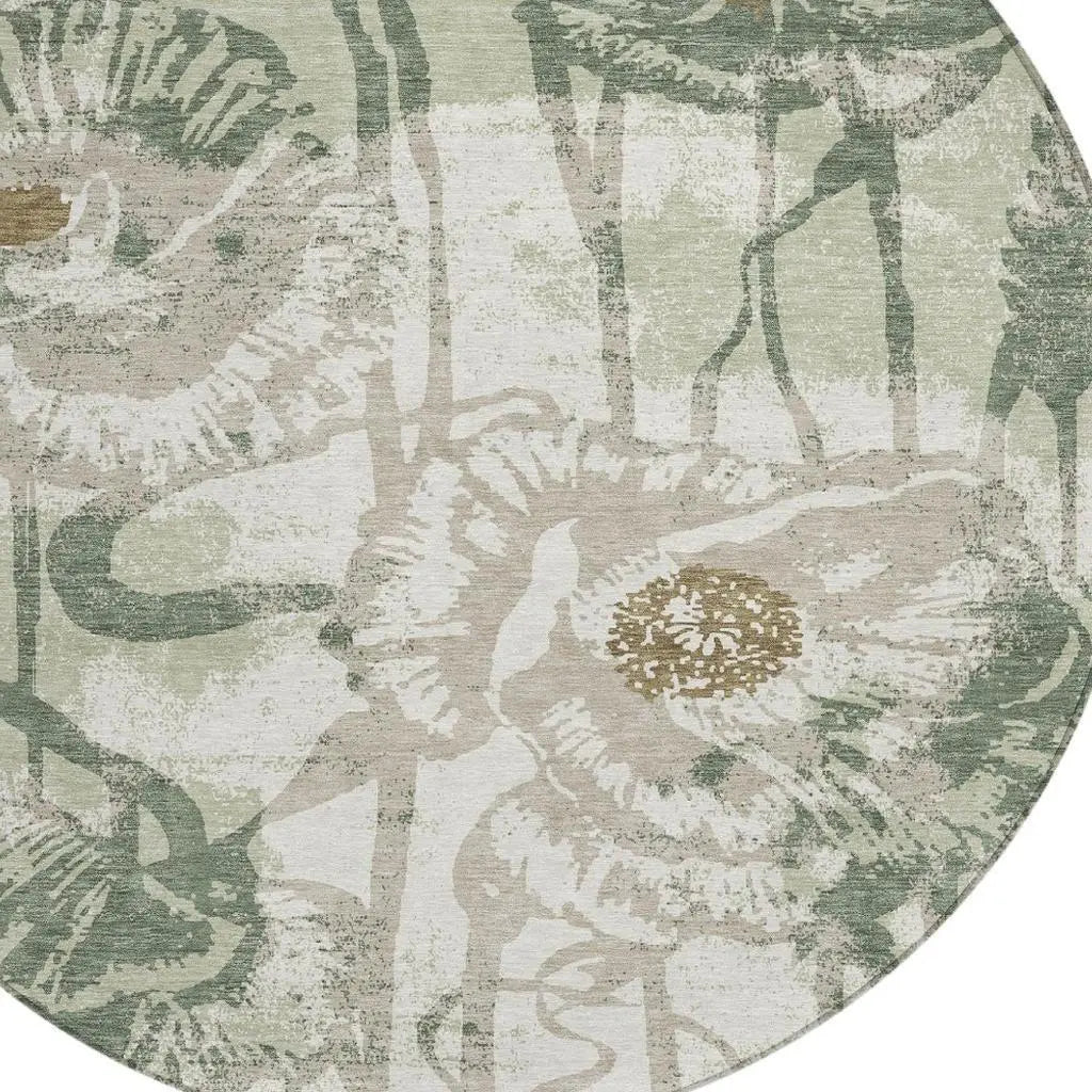 8' Green And Ivory Round Floral Washable Indoor Outdoor Area Rug Homeroots Outdoor