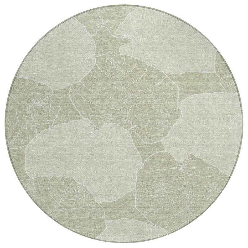 8' Green And Ivory Round Floral Washable Indoor Outdoor Area Rug Homeroots Outdoor