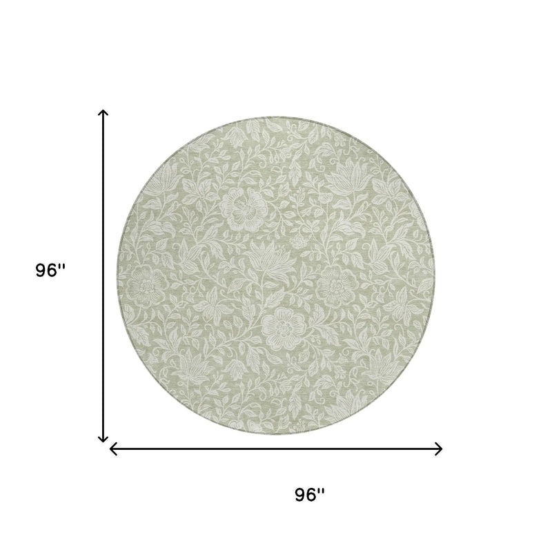 8' Green And Ivory Round Floral Washable Indoor Outdoor Area Rug Homeroots Outdoor