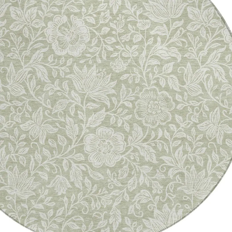 8' Green And Ivory Round Floral Washable Indoor Outdoor Area Rug Homeroots Outdoor