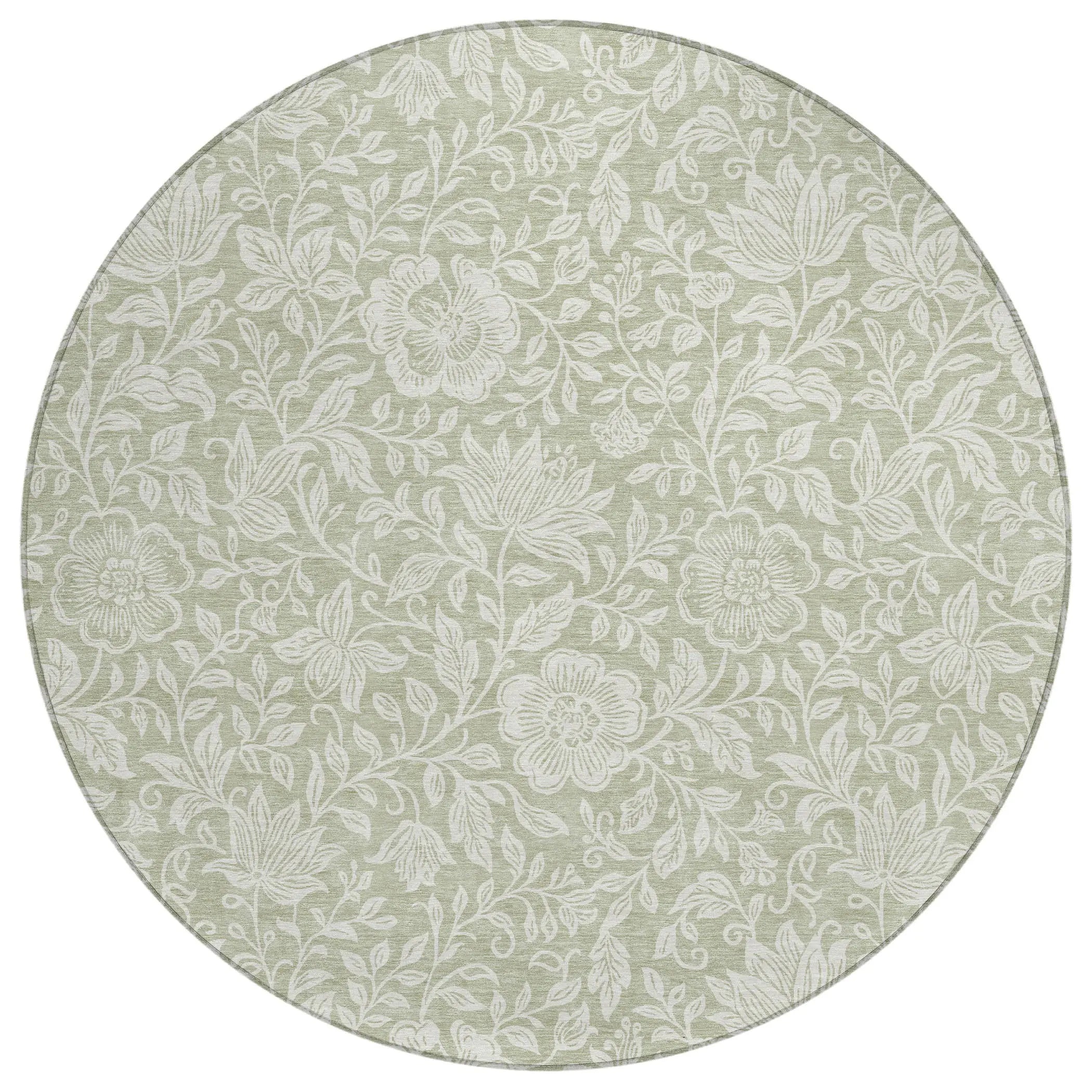 8' Green And Ivory Round Floral Washable Indoor Outdoor Area Rug Homeroots Outdoor