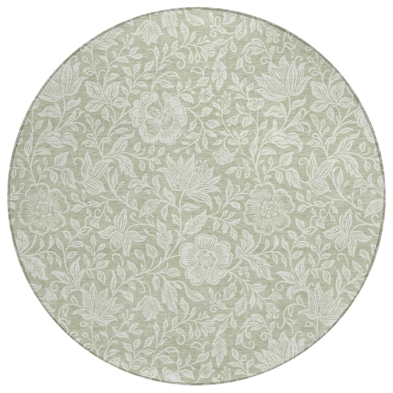 8' Green And Ivory Round Floral Washable Indoor Outdoor Area Rug Homeroots Outdoor