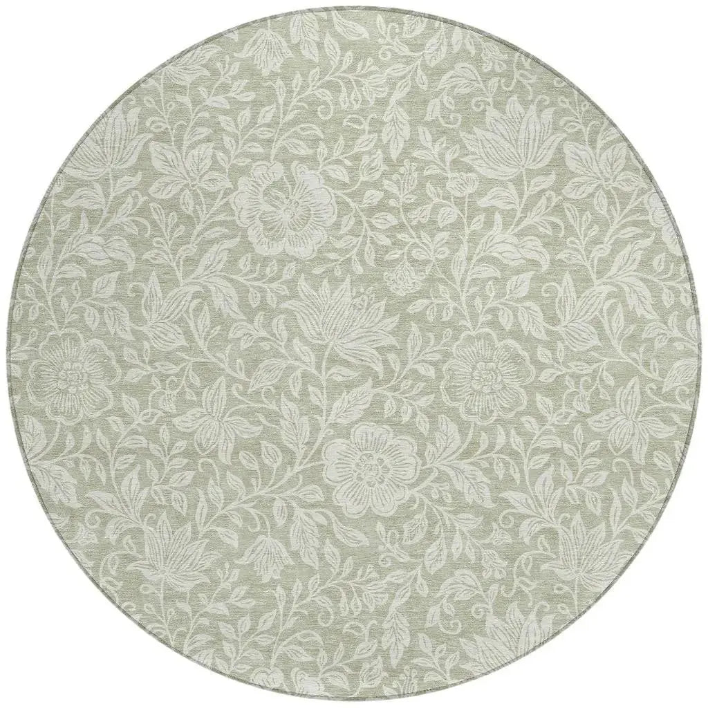 8' Green And Ivory Round Floral Washable Indoor Outdoor Area Rug Homeroots Outdoor