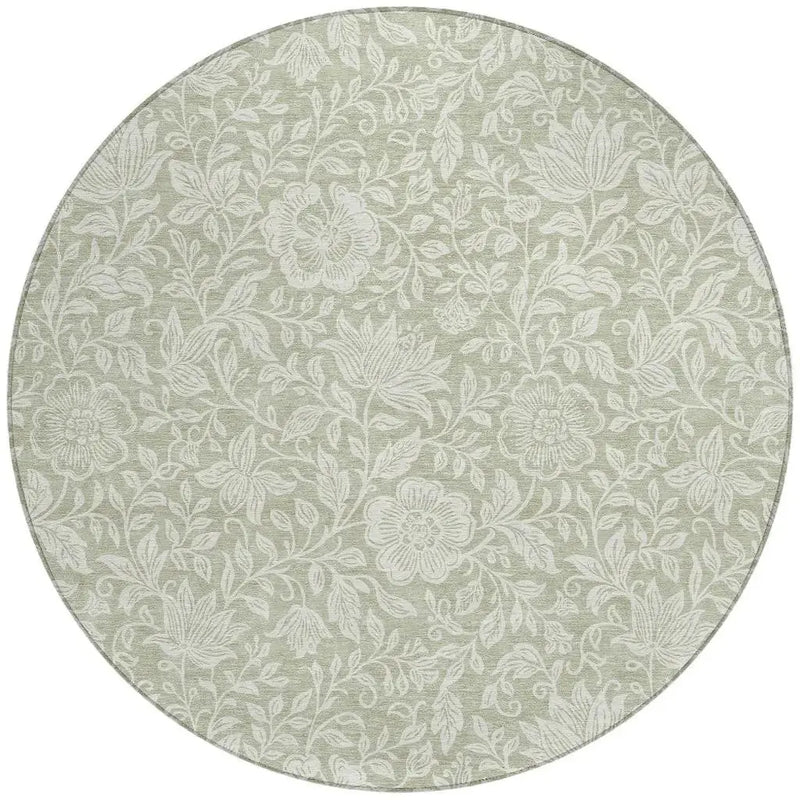 8' Green And Ivory Round Floral Washable Indoor Outdoor Area Rug Homeroots Outdoor