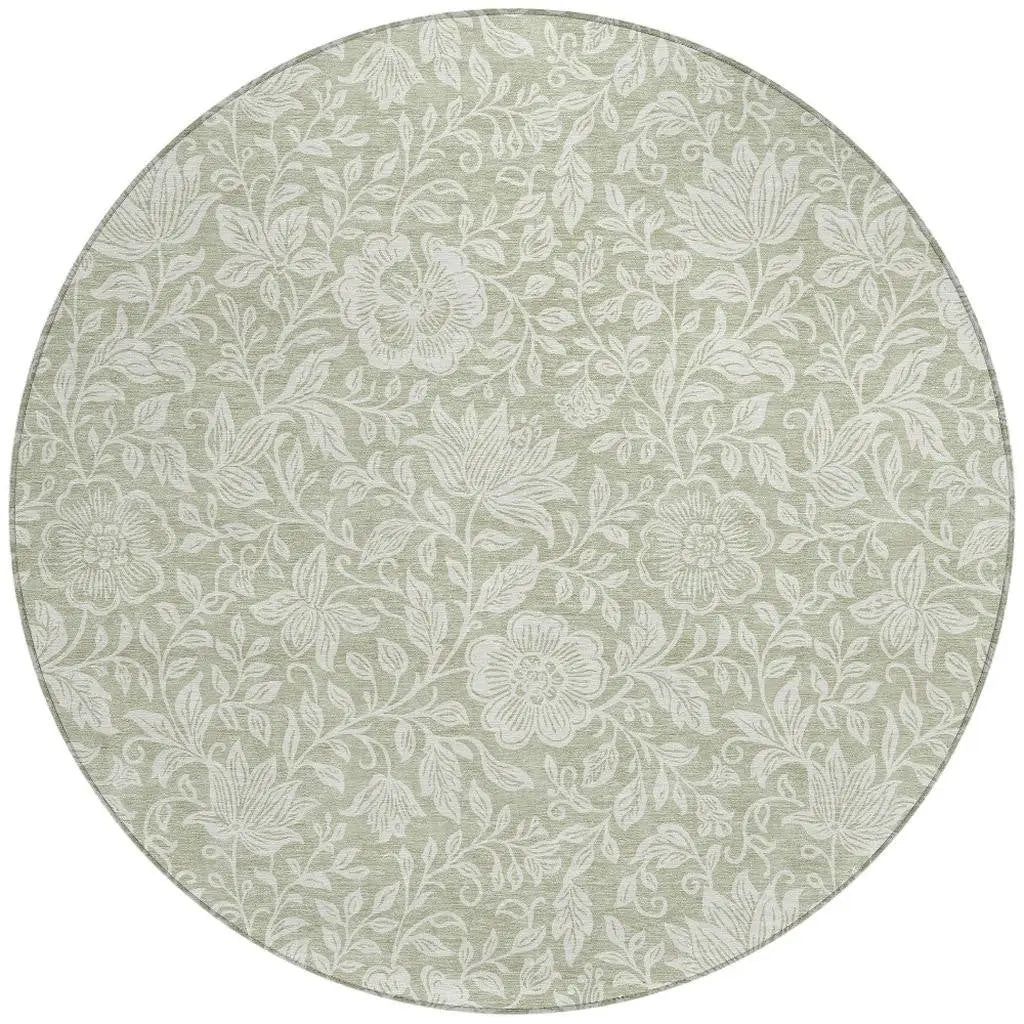 8' Green And Ivory Round Floral Washable Indoor Outdoor Area Rug Homeroots Outdoor