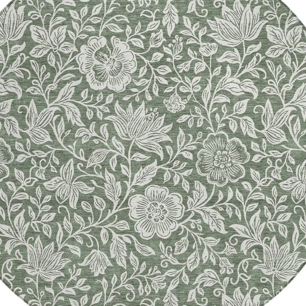 8' Green And Ivory Round Floral Washable Indoor Outdoor Area Rug Homeroots Outdoor