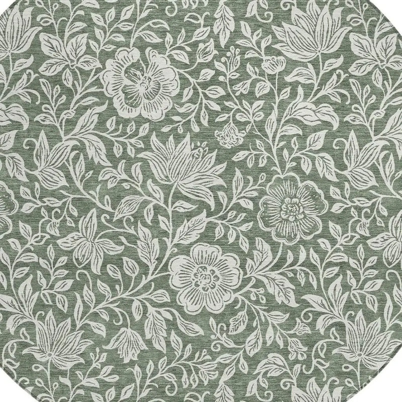 8' Green And Ivory Round Floral Washable Indoor Outdoor Area Rug Homeroots Outdoor
