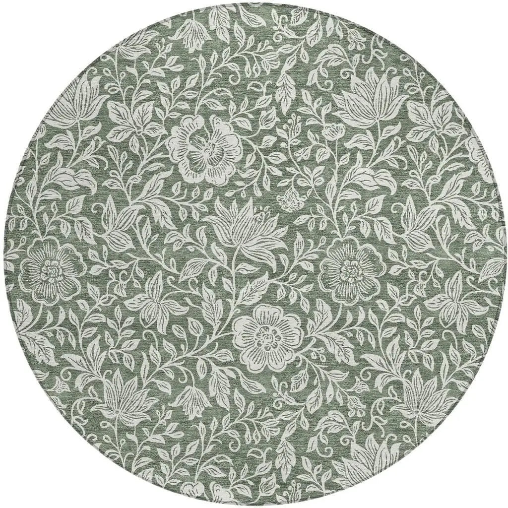 8' Green And Ivory Round Floral Washable Indoor Outdoor Area Rug Homeroots Outdoor