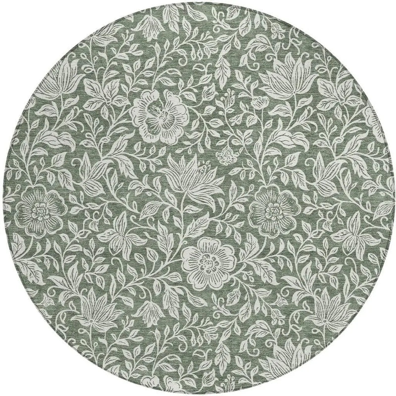 8' Green And Ivory Round Floral Washable Indoor Outdoor Area Rug Homeroots Outdoor