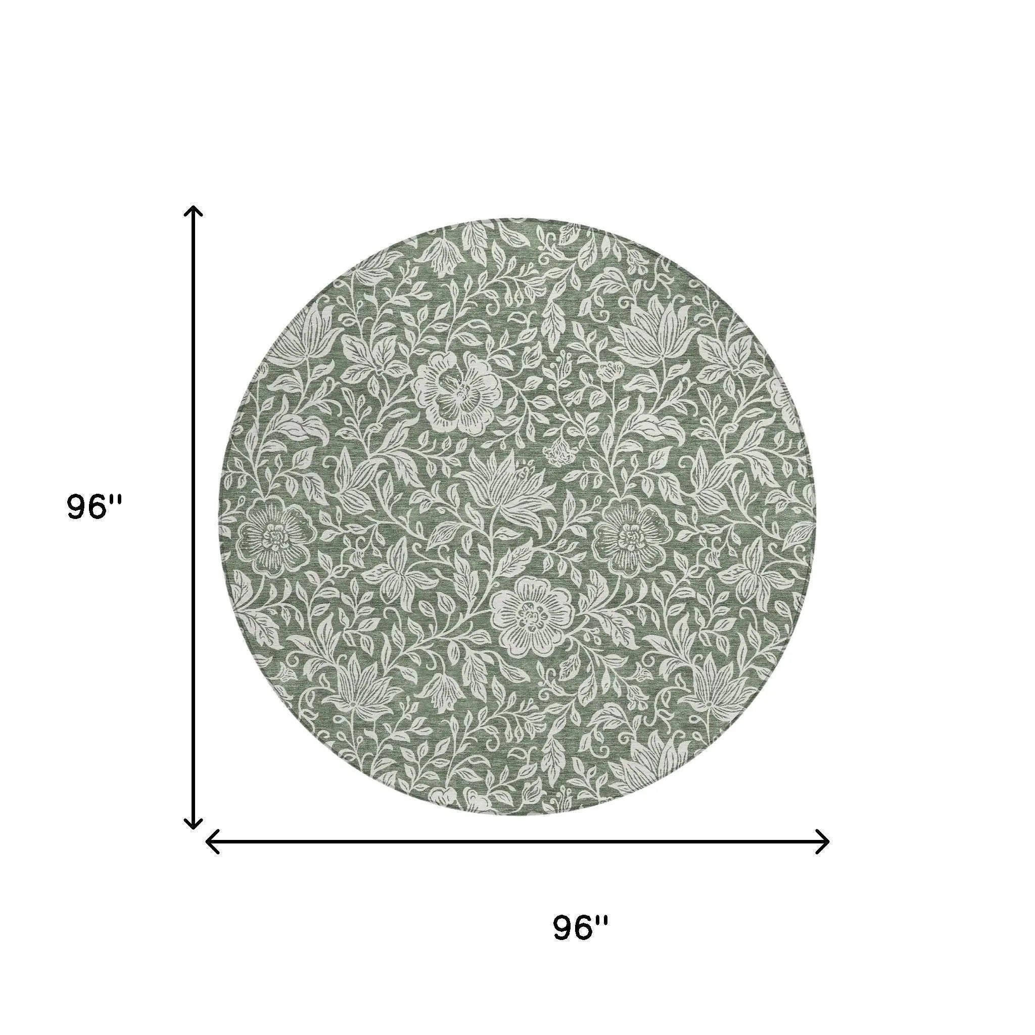 8' Green And Ivory Round Floral Washable Indoor Outdoor Area Rug Homeroots Outdoor