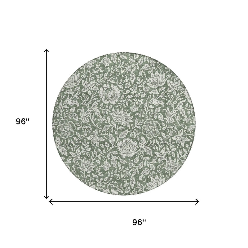 8' Green And Ivory Round Floral Washable Indoor Outdoor Area Rug Homeroots Outdoor