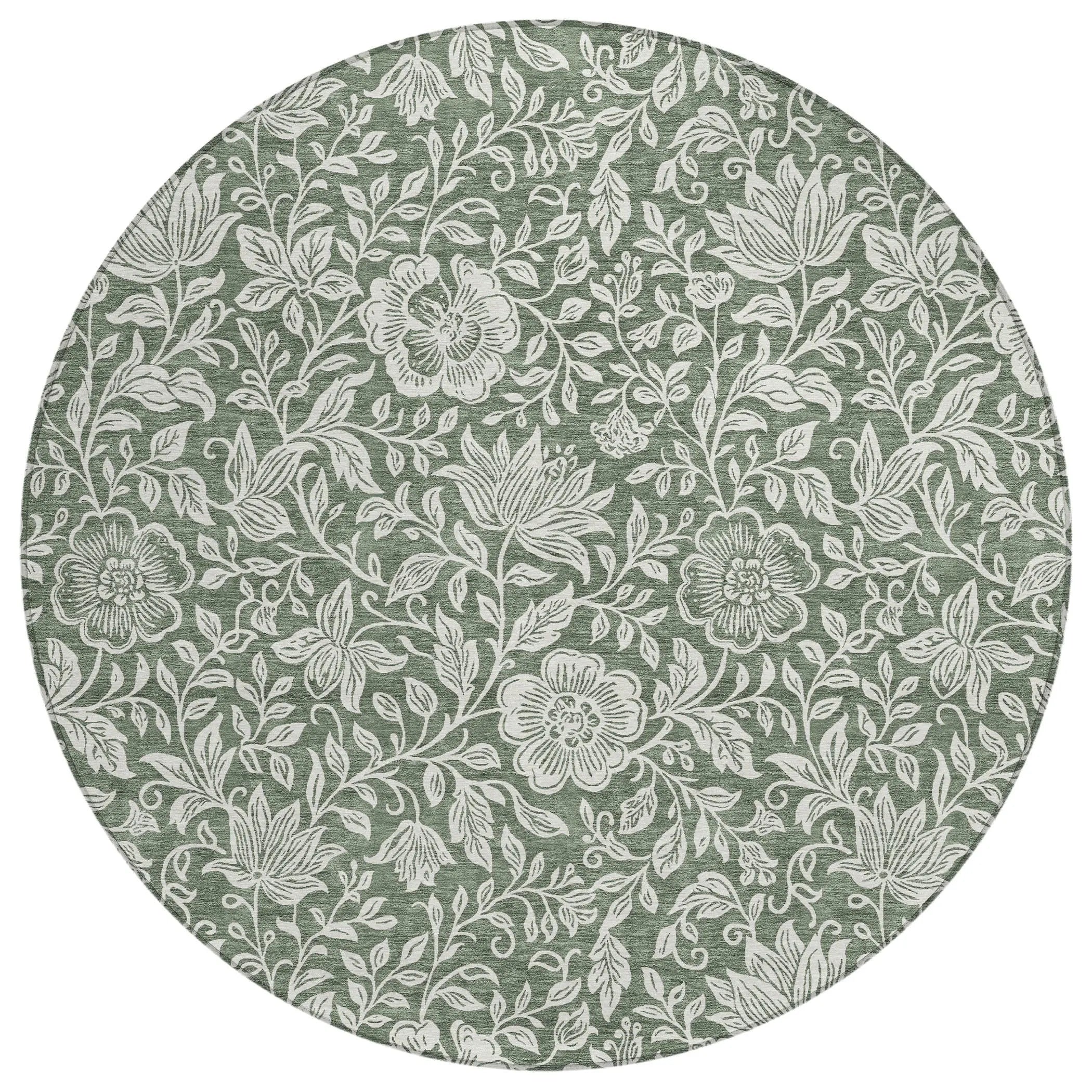 8' Green And Ivory Round Floral Washable Indoor Outdoor Area Rug Homeroots Outdoor