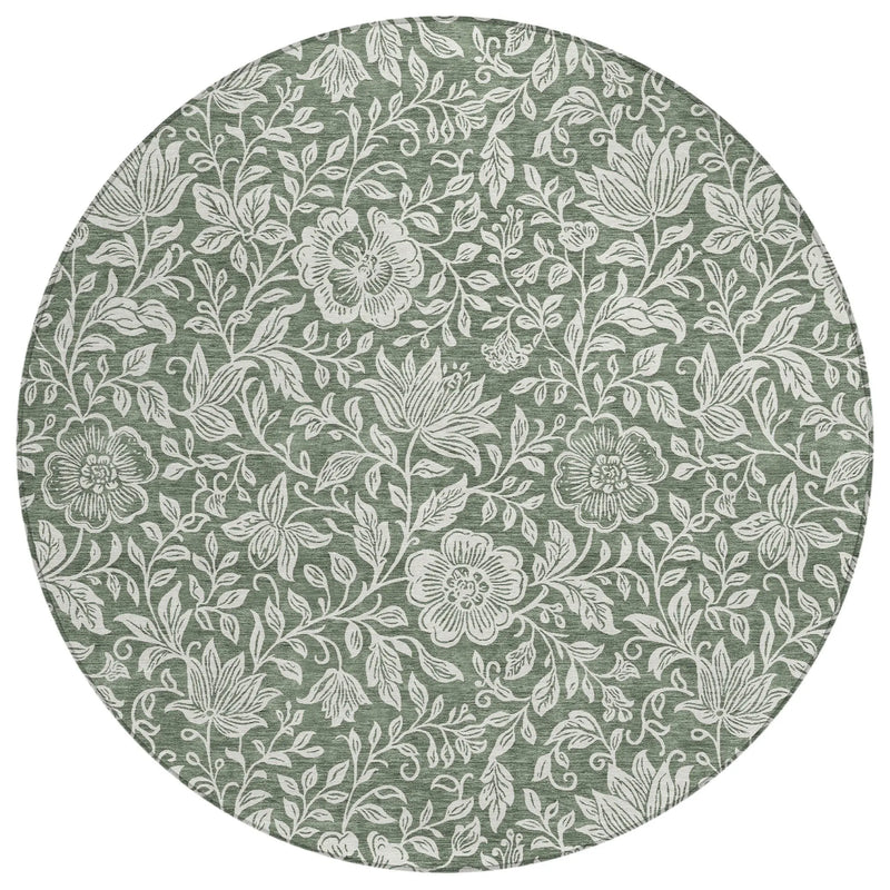 8' Green And Ivory Round Floral Washable Indoor Outdoor Area Rug Homeroots Outdoor