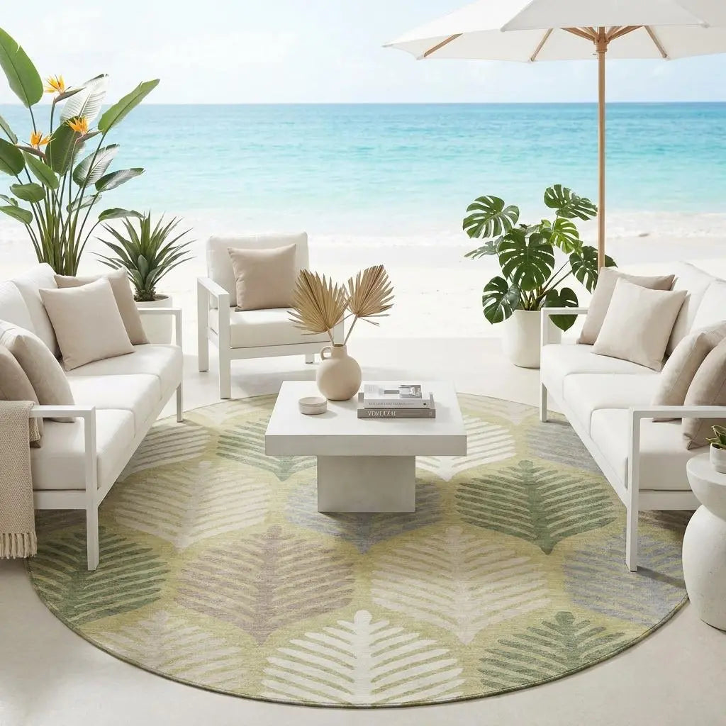 8' Green And Ivory Round Floral Washable Indoor Outdoor Area Rug Homeroots Outdoor